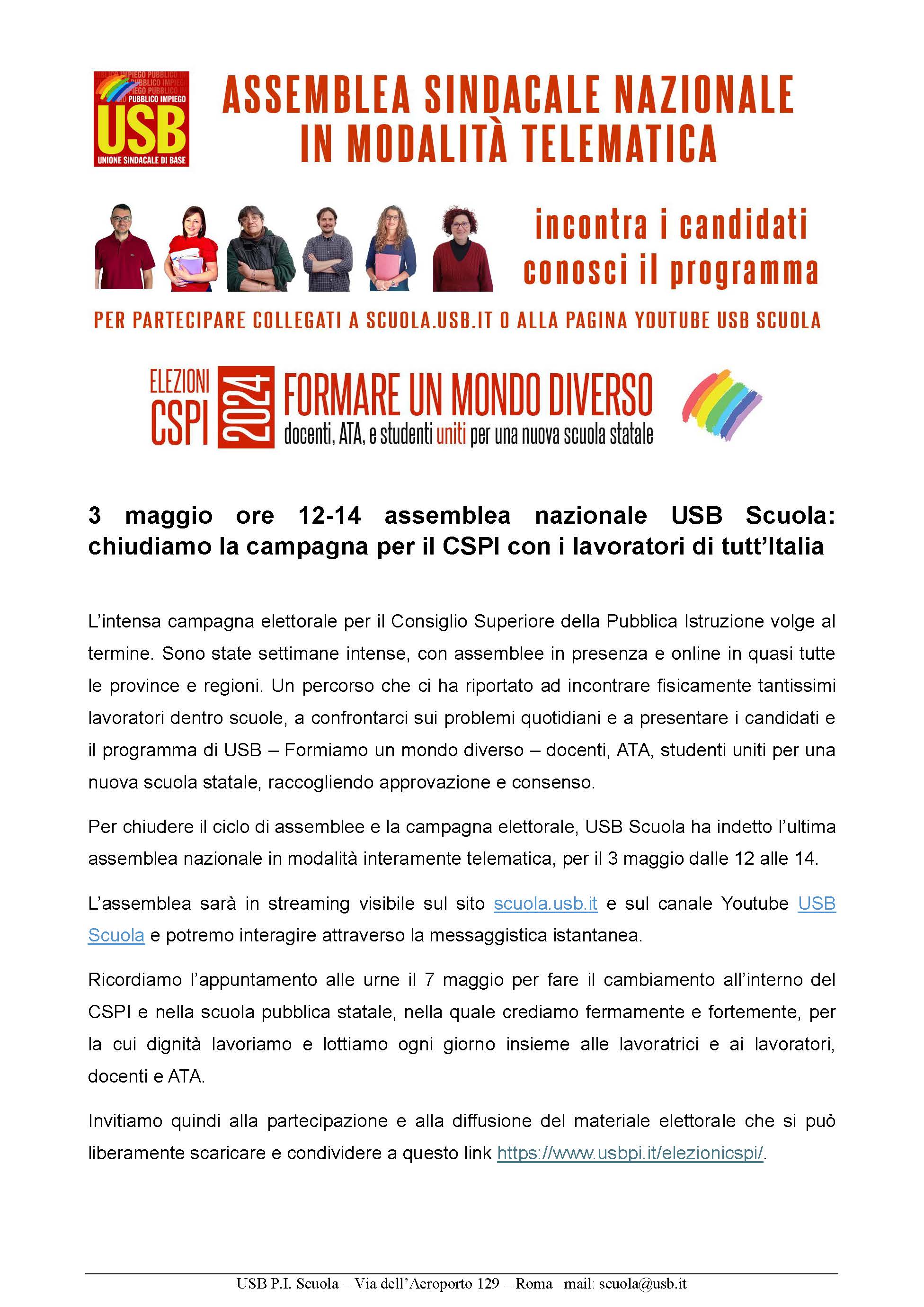 3 maggio ore 12 14 assemblea nazionale USB Scuola chiudiamo la campagna per il CSPI con i lavoratori di tuttItalia